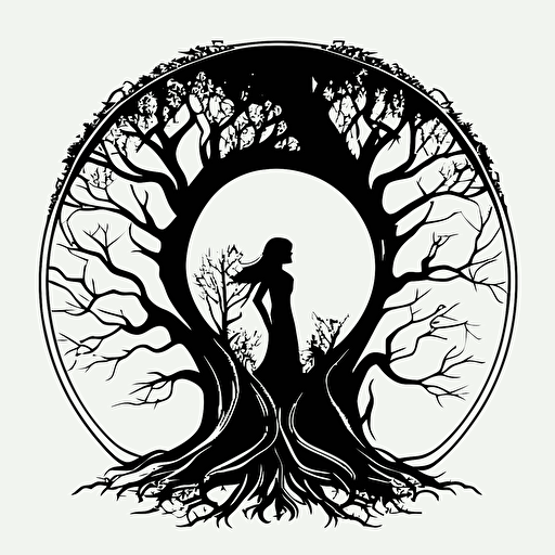 tree hugging a girl symbiosis, symmetry, drawing in a circle, vector