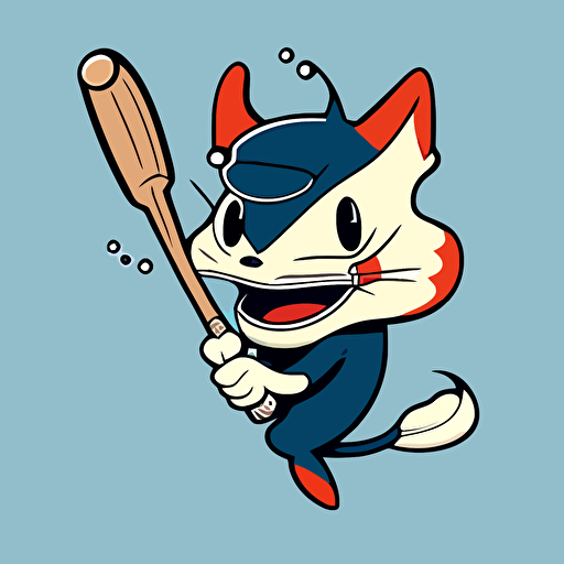 suckermouth catfish, baseball mascot, swinging an american baseball bat, simple vector, rubber hose cuphead style