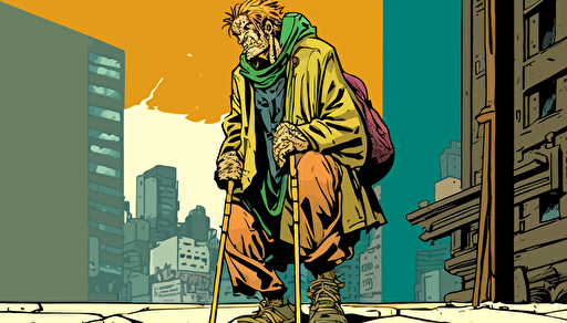 a panel from a Shōnen manga depicting a homeless crazy man on crutches, a brochure in his hand, city scene, low angle, color pop, flat vector art, bright colors, high resolution
