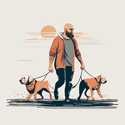 a bald bearded man walking dogs on a leash, digital rendering, avatar image, simple clean vector