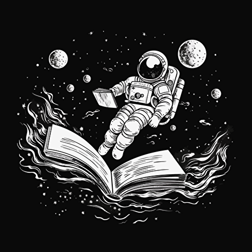misterious astronaut floating, simple vector black and white, mistery book illustration, minimalism, ghibli style