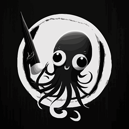 black and white, a happy cartoon squid holding a feather quill with its tentacles, circle around the squid and quill, vector art