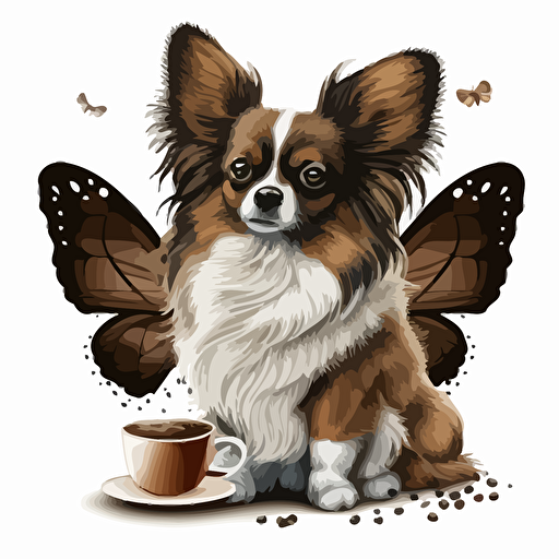 papillon dog with a cup of coffee logo, vector art, clipart, cartoonistic with white background