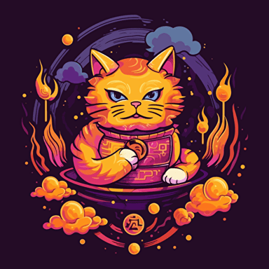 scifi cat chinese style with flames gold coins clouds mandarines chinese new year logo vector detailed high definition white purple red orange yellow