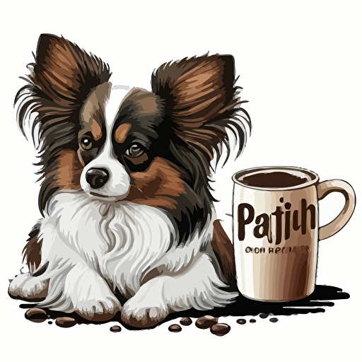 papillon dog with a cup of coffee logo, vector art, clipart, cartoonistic with white background
