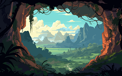 Looking out from the inside of a tropical cave, filled partially with vines and flowers, looking out into a vast landscape of lush jungle trees covered in vines and leaves with mountain peaks in background with the sun shining through the clouds high quality cartoon style warm lighting early morning vibe vibrant early spring dramatic lighting vector illustration