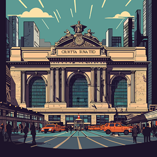 a flat illustration of a Grand Central Station in New York City by killian eng, adobe illustrator, vector, poster