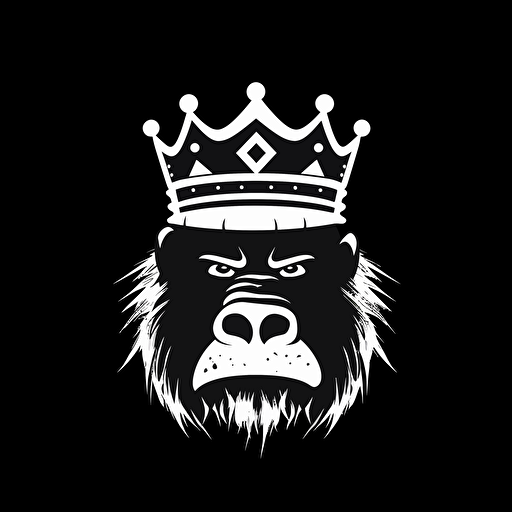 Angry donkey kong Gorilla In the in Russian crown, ", Banksy style, black background, large closed shapes, fantasy roboter, white space to fill, abstract, artistic, pen outline, white background, very simple, full field of view, centre, minimalistic logo vector art , simple flat vector logo