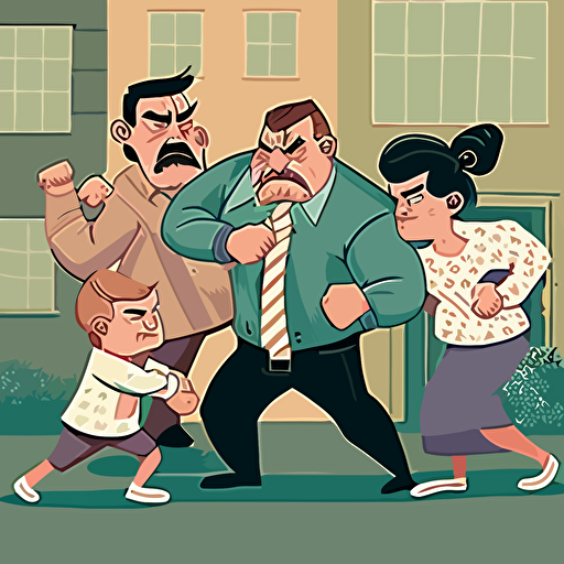 3 families fighting eachothers over a business they own, in vector, humoristic