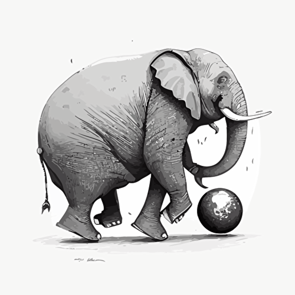 Un éléphant en équilibre sur une grosse balle qui roule, dans un style de dessin vectoriel
