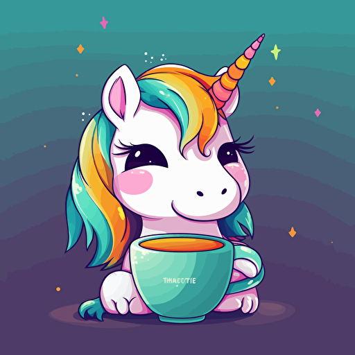 vector cartoonish rainbow color unicorn drinking coffee