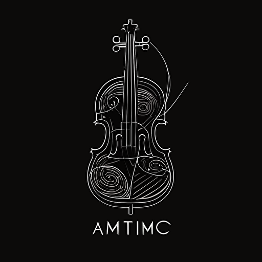 minimal white line logo of a violin "atempo" text black background, vector