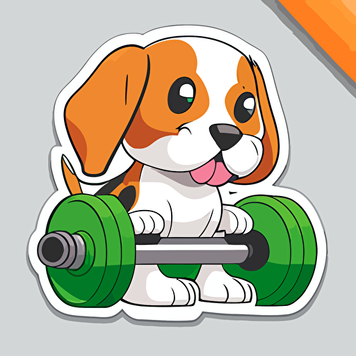 vector happy beagle puppy sitting next to a dumbell sticker+ white background + vibrant green and orange+ cartoon