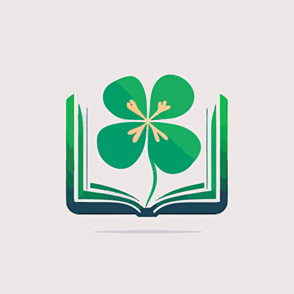 simple flat green clover and book logo, white background, vector style
