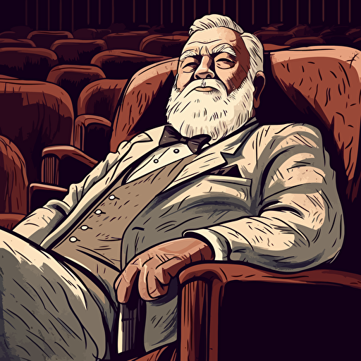 a chubby old film critic has fallen fast asleep, snoring with his mouth slightly open, bored, sitting in a movie theater, suit and tie, bushy white beard, as a highly detailed vector image