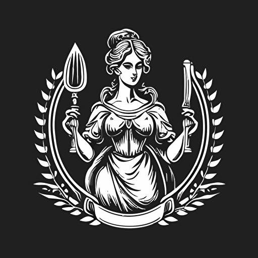 crest logo of Lady Justice holding a spoon and a fork in her hands, in the style of victorian illustration, 2d, flat, black and white vector