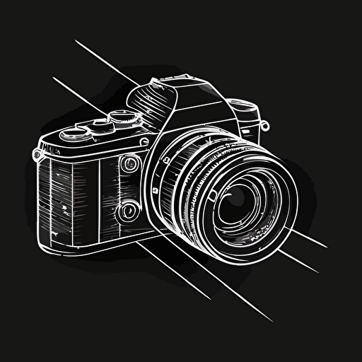 white line vector sketch of a 35 mm camera with lense, on a black background, as a logo
