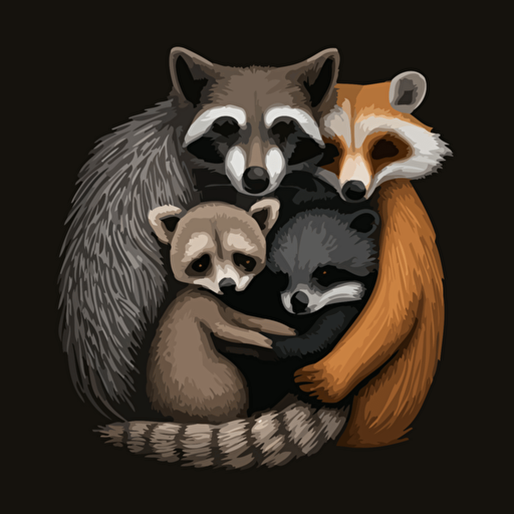 a racoon, a fox, a squirell and a possum hugging vector black background