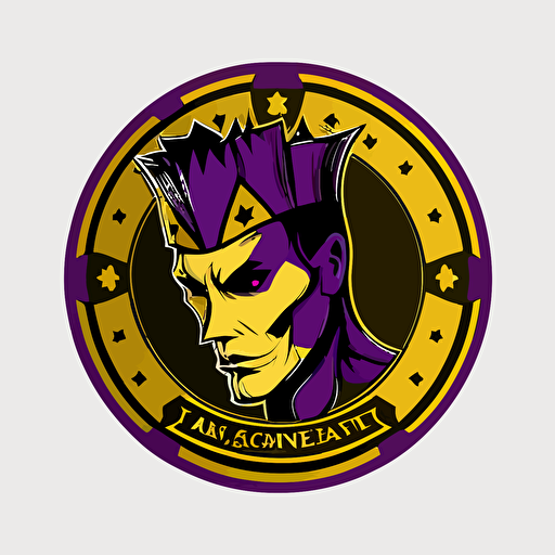 a poker chip with a cute vectorised casino joker head, logo minimalist, purple, yellow gold and black