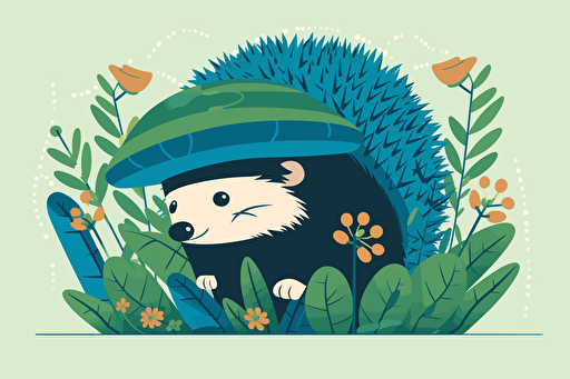 In a vector style, a stylish hedgehog in an elegant blue hat stands with a charming smile on his face. His round, black eyes shine with a glint of mischief as he looks at the viewer with confidence and curiosity. His hands are placed behind his back, emphasizing his poised and dignified attitude. The hedgehog stands in a lush green meadow surrounded by tall grasses and wildflowers of various colors, creating a vibrant and animated backdrop for the scene. The air is filled with the sweet scent of blooming flowers and the buzz of bees in the distance. The atmosphere is playful and light, with a sense of carefree joy and tranquility. The lighting is soft and warm, casting a golden glow over the scene, with soft sunlight filtering through the trees in the distance. The overall effect is one of enchanting beauty and serenity, with the hedgehog being the centerpiece of this charming woodland scene.