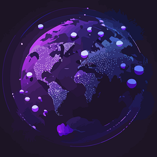 a dark blue background with the earths map created using white dots to make the shapes of the continent with purple user avatars in circles scattered around with a light blue line bouncing between them. Flat vector, ar 16:9