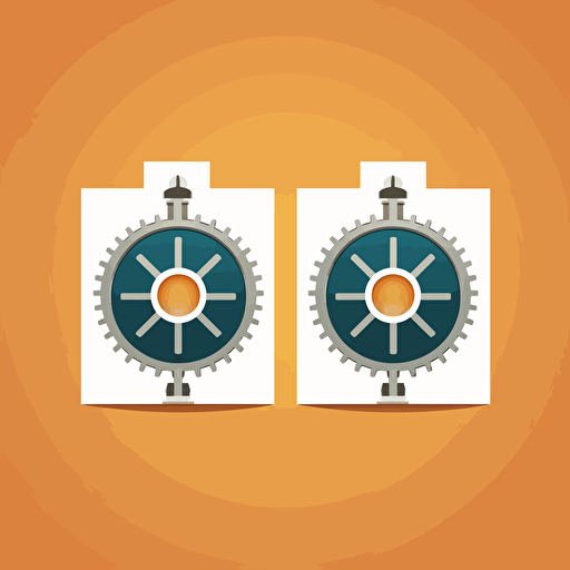 create a simple logo with a gear in the middle and two gates surrounding it, mirror images of each other, vector, minimalistic