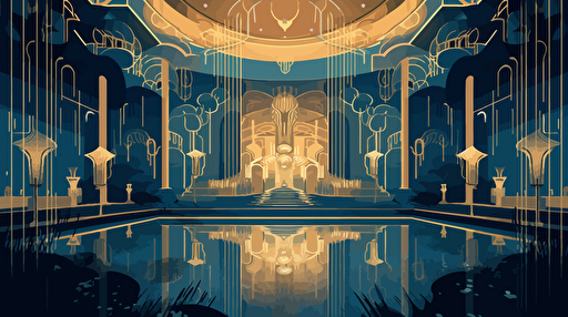 fritz lang inspired art deco ballroom with fountains. gold and blue colors, adobe illustrator vector art.