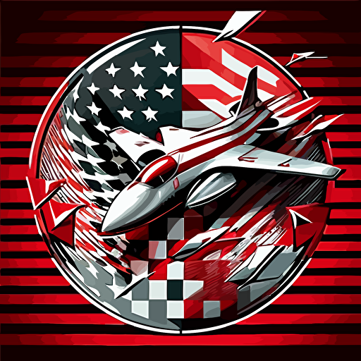 red, white, black, chess board, silver fighter jet in circle, badge, american flag, stars, stripes, jet plane, vector art, illustration, 2d, detailed,