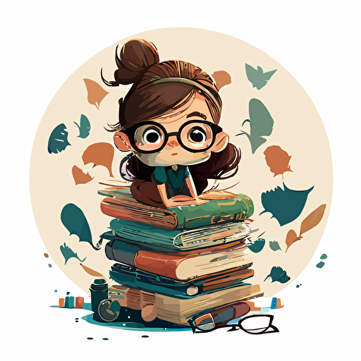 Imagine a Disney-style vector caricature of a nerdy girl sitting against a plain white background. The girl is wearing glasses and surrounded by a pile of books. The artwork is designed in a round circle format, with a whimsical and playful tone to it. 12k v 5