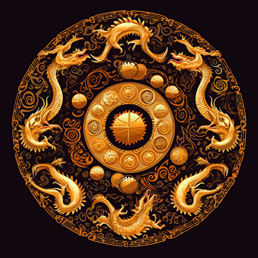 front view, vector art, fun, a gold border with gold coins, money, dragons, black background, symmetry, symmetrical,