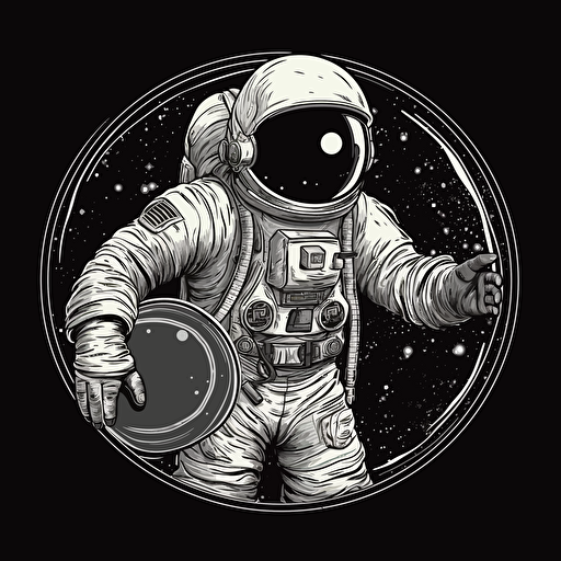an astronaut holding a big circular object,his whole body can be seen, 2d vector on black background