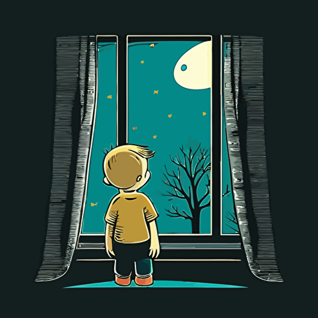 draw a 2D vector scene, cartoon, cute, happy about a boy on his back looking out the window at night, a simple drawing, in color but bordered with a black line, flat drawing and without details.