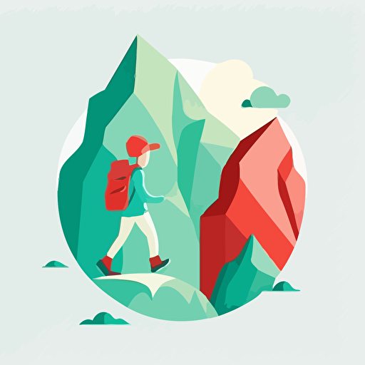 minimalist vector illustration logo, white background, little boy with red backpack on a journey up a tall mountain, light green and light blue color palette