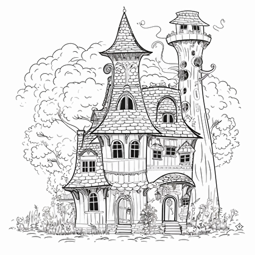 tall whimsical black and white medieval hobbit house, in flat 2d vector style, no perspective johanna basford style, 4d91006c-2d9f-4a11-be13-7dac0aa6d6a6 3e7ef00b-9260-48ad-9517-00d678433fee v5.1