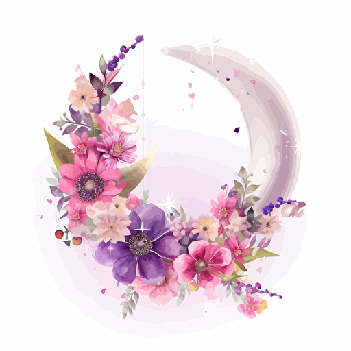 crecent moon with flowers and dangling crystals pinks purples white background vector
