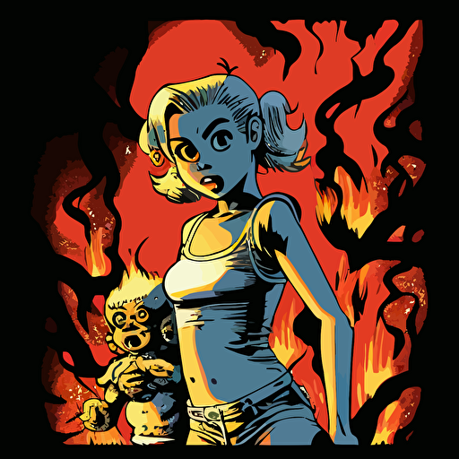:Monkey discovers fire. A human-machine hybrid leans over her, smiling sardonically.. Vector illustration, 80s hip hop style of Katsuhiro Otomo