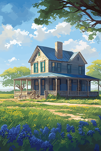 texas farmhouse in a field of bluebonnets, wrap around porch, cozy and sweet, bright light, colorful, summer day, vector art, concept art