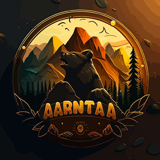A_ coin_ emblem_ logo_ for_ a_ angry_ bear::Mountains in the background, code style, color, vector, ar 5:3
