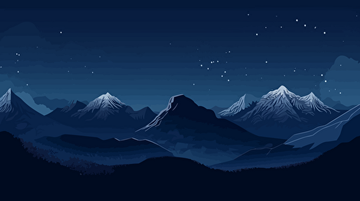 minimalist, simplistic, vector illustration of starry night sky, dark blue tones, mountains