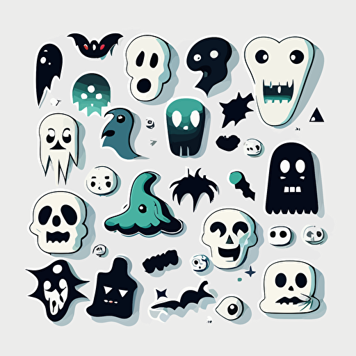 vector art, simple art style, spooky, stickers, white background