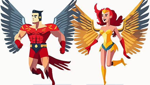 a female and a male androids flying together, with eagle wings, and a red and yellow costume, friendly smiling, volonteer, vector style