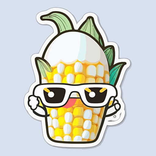 sticker, happy corn with sunglasses, kawaii, contour, vector, white