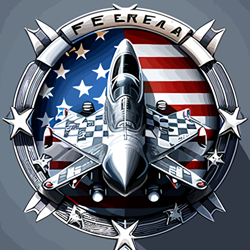 chess board, silver f18 jet in circle, badge, american flag, stars, stripes, jet plane, vector art, illustration, 2d, detailed