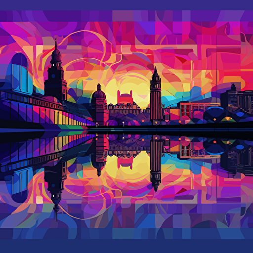 glasgow city illustration simplistic vector art canvas of purples, blues, and golds with chromatic outlineing giving of an effect of reflective ouitline