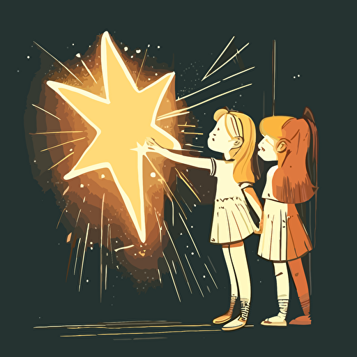two young girls trying to touch a star, in vector style, 1:1, illustrator style