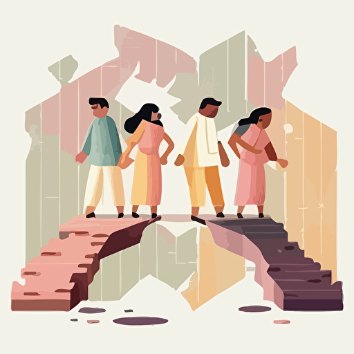 four diverse indians in pastel color outfits, trying build a bridge which is broken, vector style