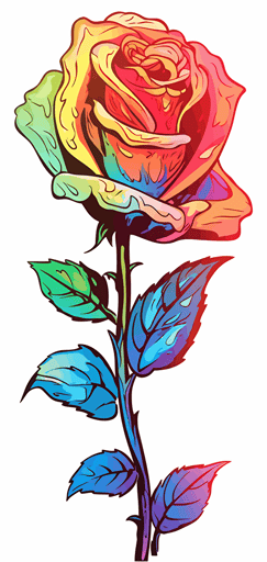 2d colorful single rose black outline transparent background vector
