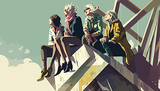 group of middle-aged women, multi-national, sitting on unfinished sky-scrapper beam, futurism vector art, global perspective