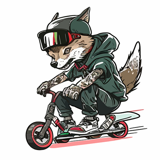 a wolf cub in streetwear is riding a, vector, illustration, full color, hd, cartoon, contour, white background