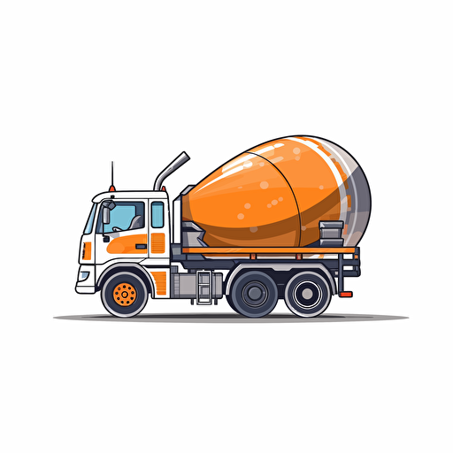 concrete mixer truck, simple forms, flatart, 2D vector style, cartoon, white background, side view